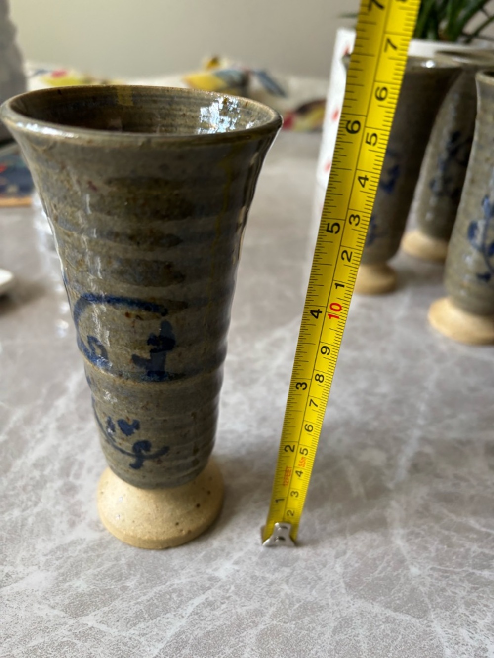 Studio Art Pottery handcrafted Goblets with Blue Floral Motif - Set of 8 - Picture 7 of 9